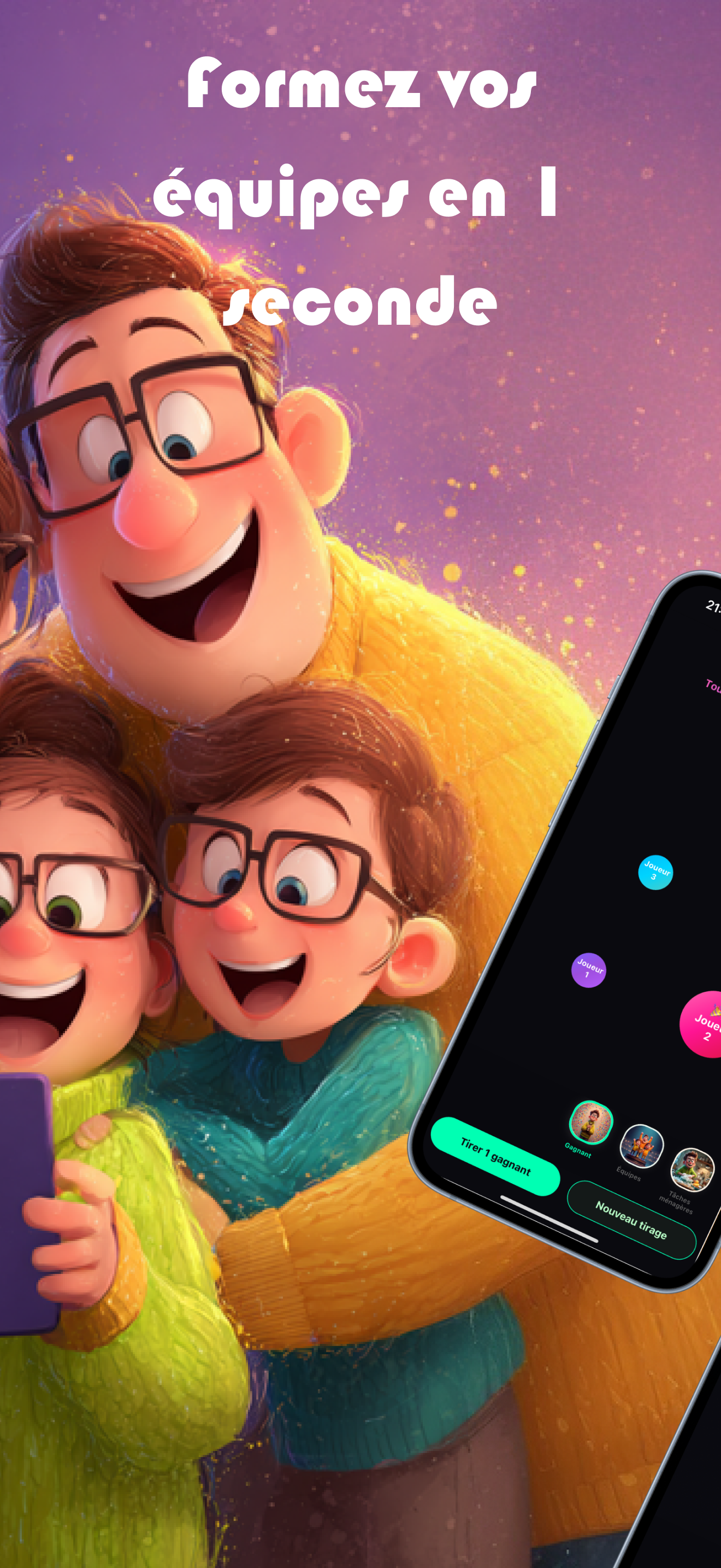 Capture d'écran des animations et effets visuels d'AmStramGram pendant le tirage au sort