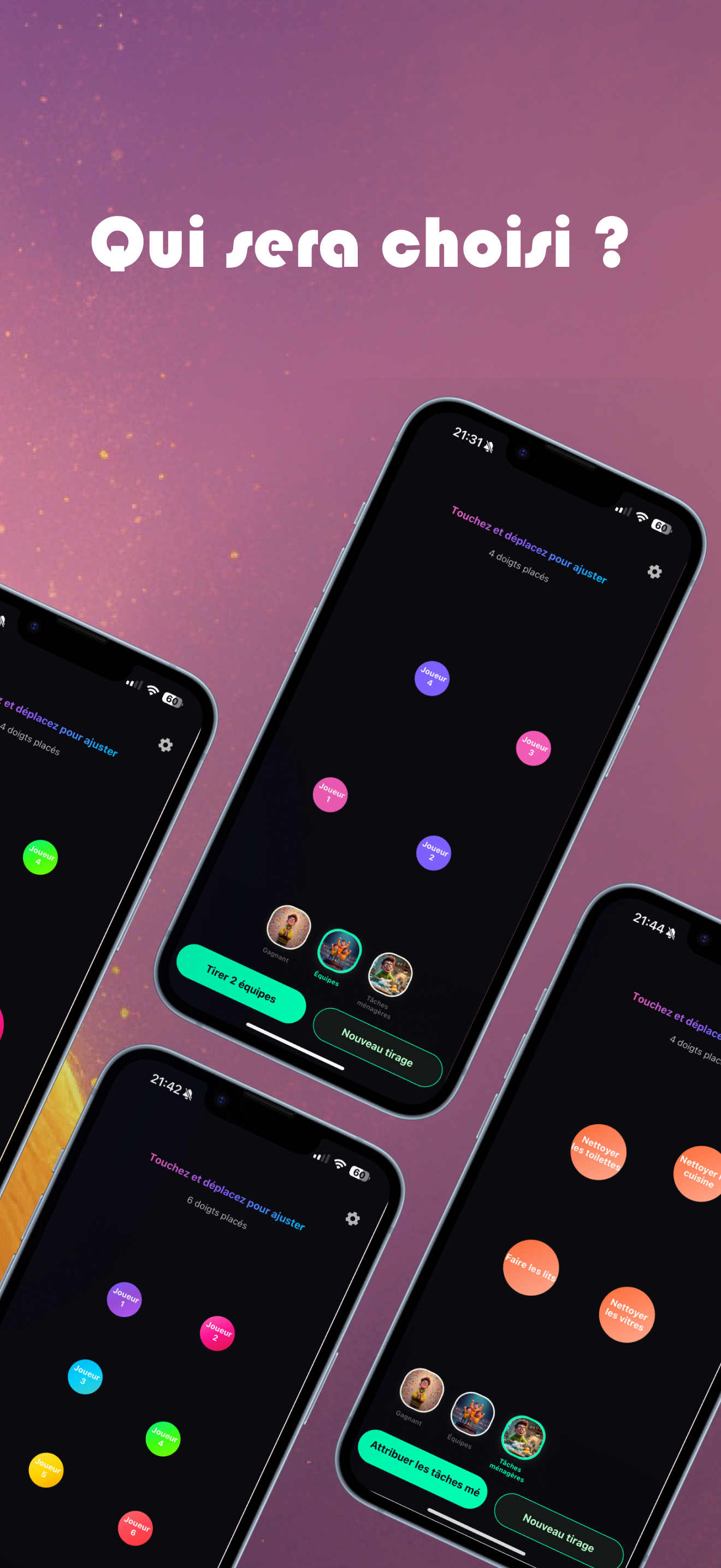Capture d'écran des résultats du tirage au sort avec options de partage dans AmStramGram